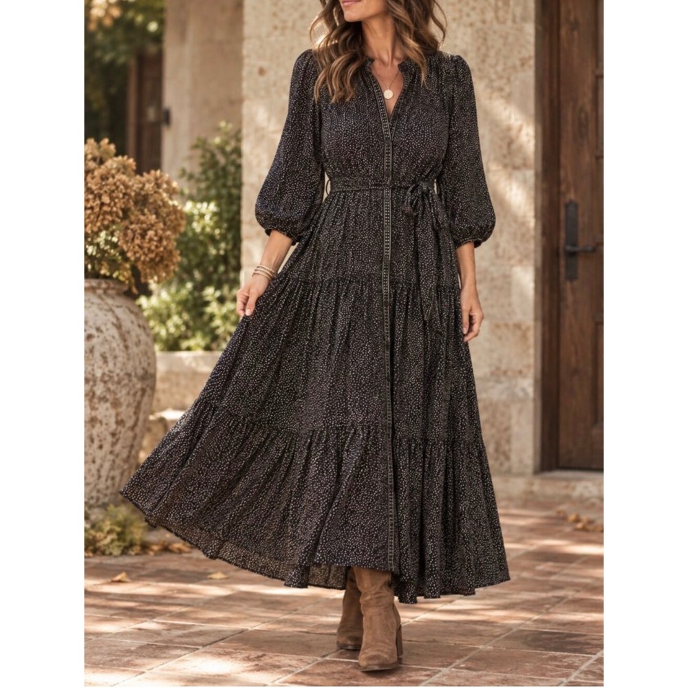 Max Studio XL Polka Dot Tiered Maxi Dress Balloon Sleeve V-Neck Black White